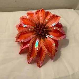 Peach colored Sequin Flower, Hair Clip, Ponytail Band, Pin.